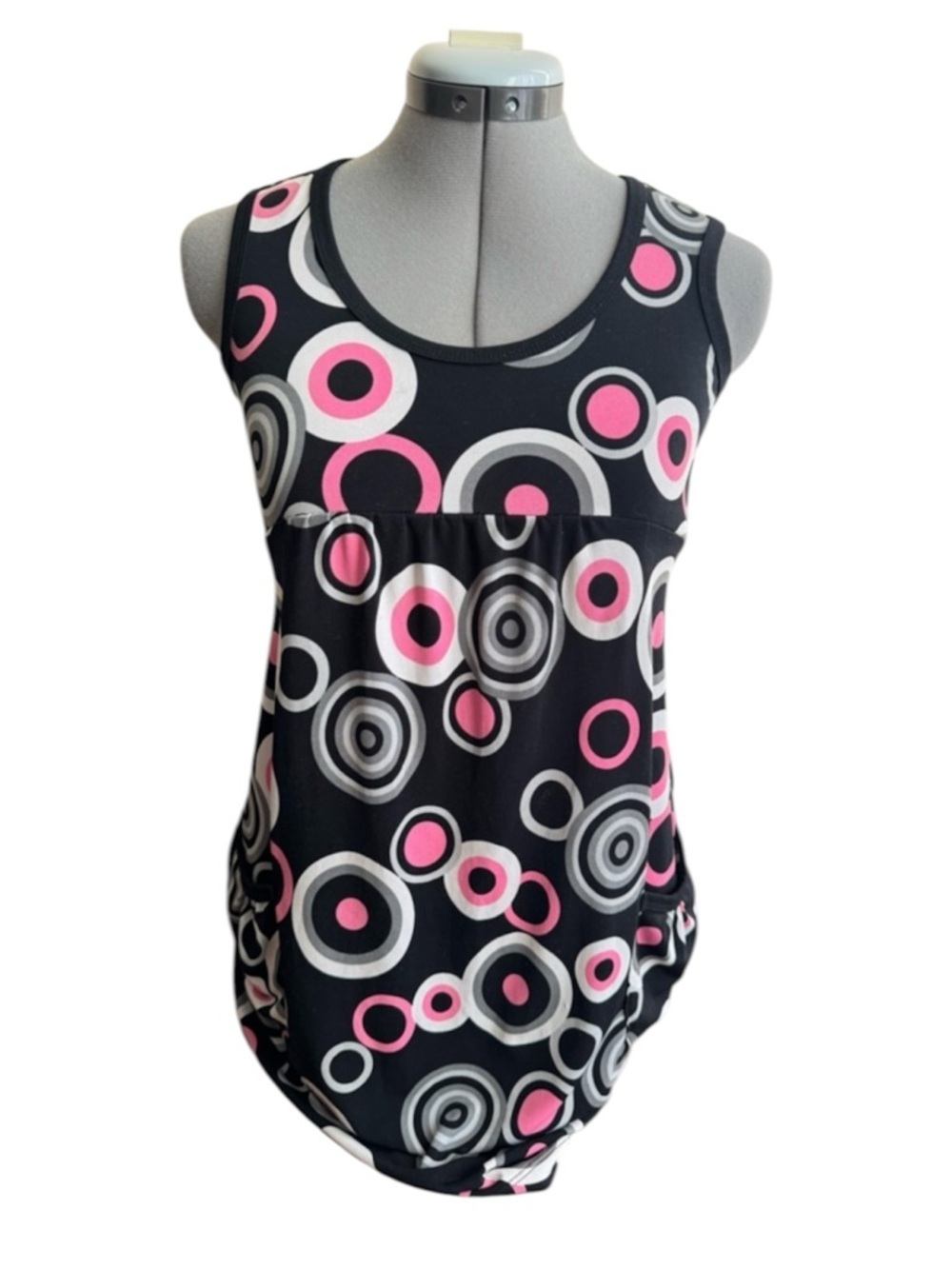 La Senza Girl Babydoll Tank Top Y2K Retro Circle Print Pink Black Stretch Pocket